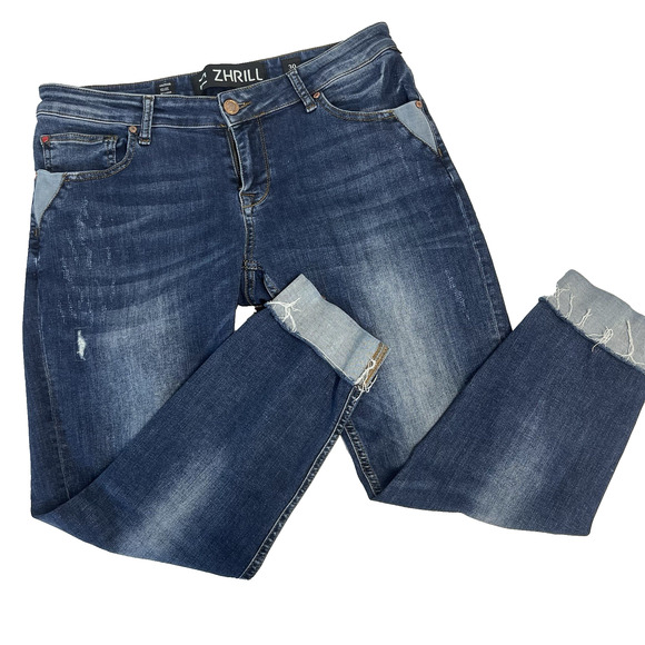Zhrill Denim Jeans Pants Women's sz 30 Blue Distressed Straight Leg Five Pockets - Picture 1 of 7